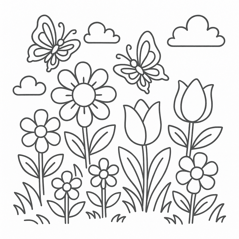 Desenho em preto e branco de um jardim com flores e borboletas, ideal para colorir