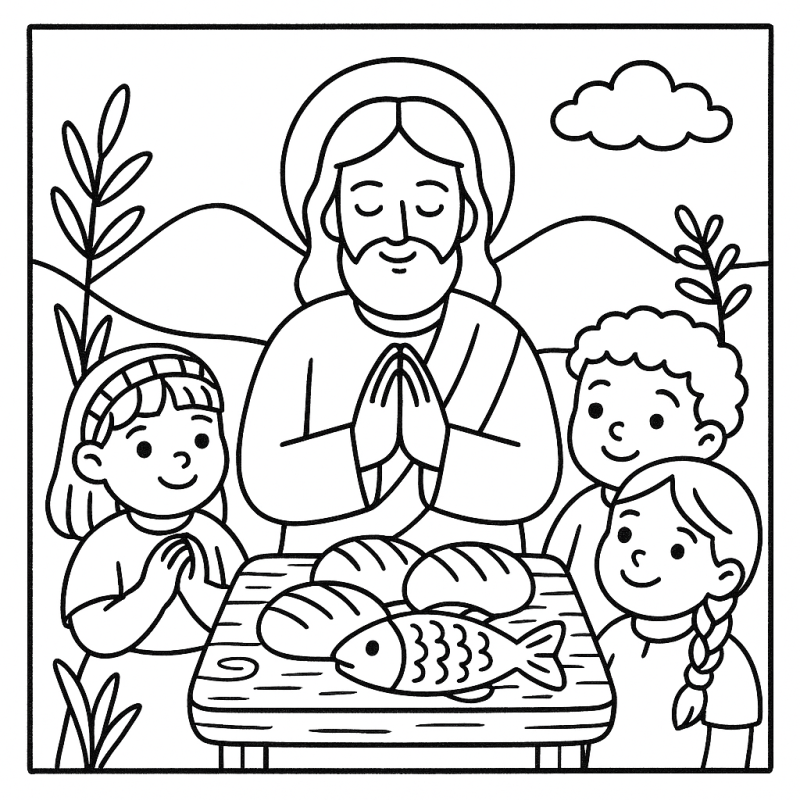 Desenho de Jesus abençoando pães e peixes para colorir