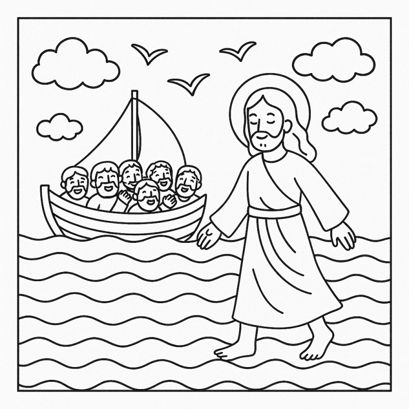 Desenho de Jesus caminhando sobre a água para colorir