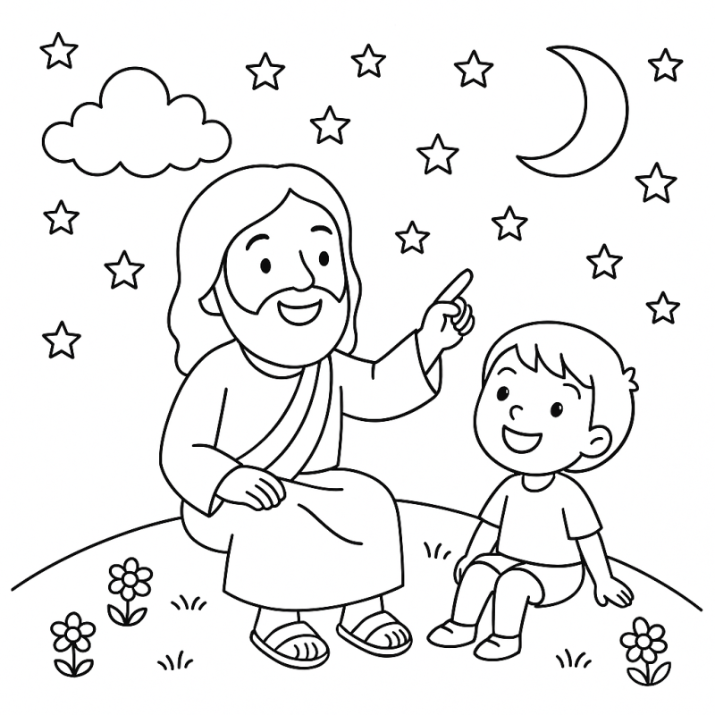 Jesus com criança sob céu estrelado em momento educacional