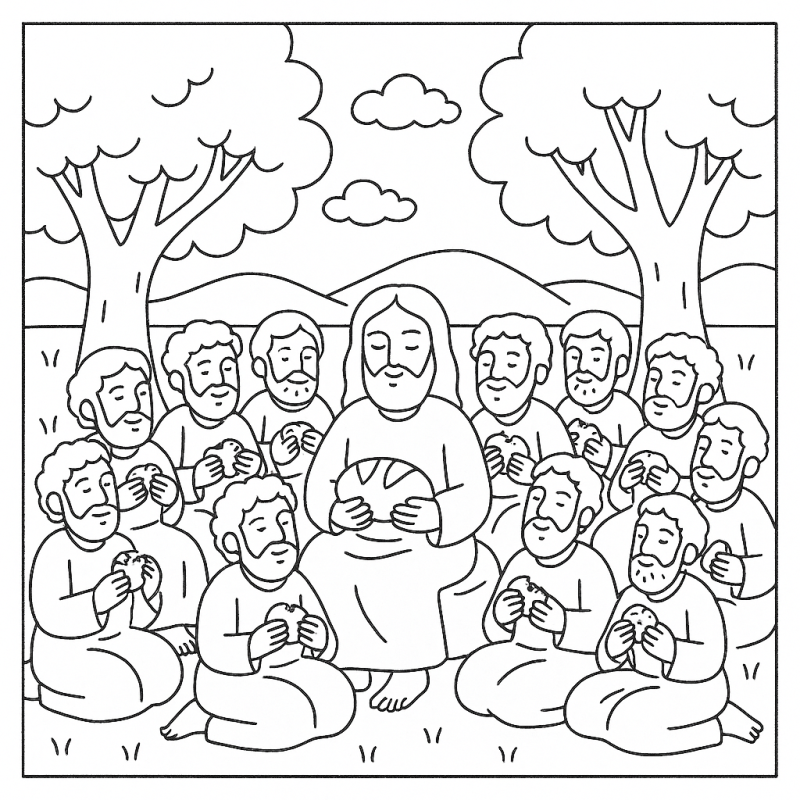 Desenho de Jesus partilhando o pão com os apóstolos para colorir