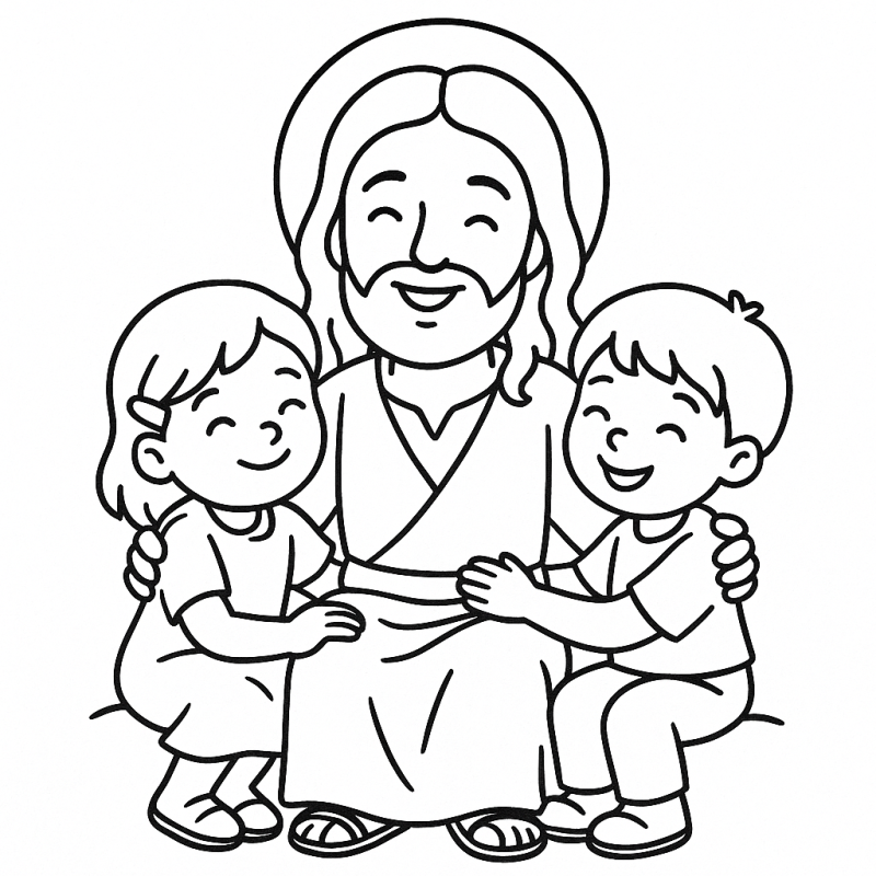 Desenho de Jesus com crianças em cena amorosa para colorir