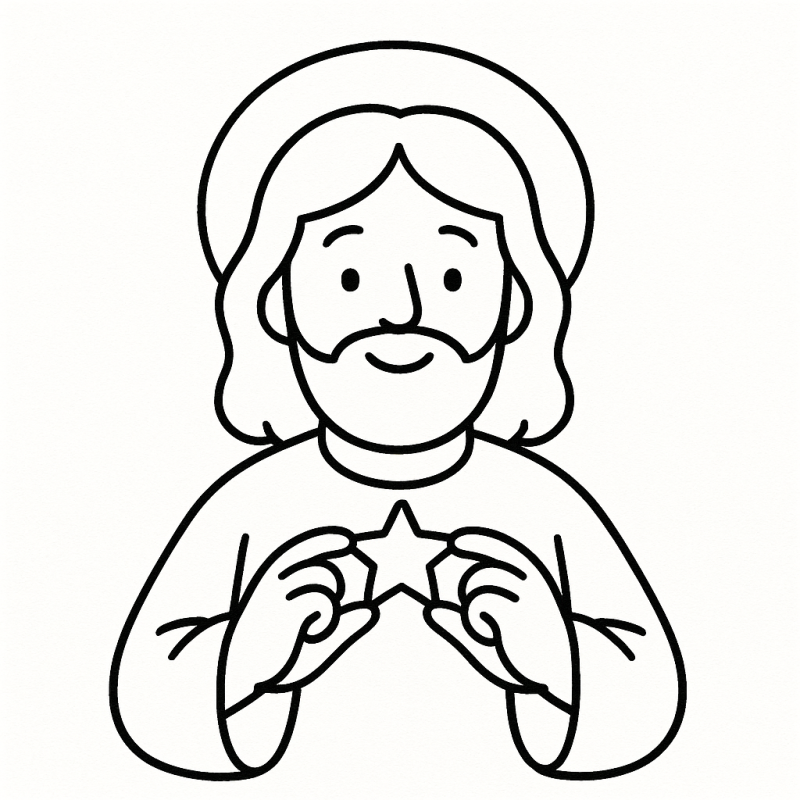 Desenho de Jesus sorrindo com halo e estrela, Sonic ao lado.