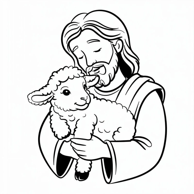 Desenho em preto e branco de Jesus segurando um cordeiro