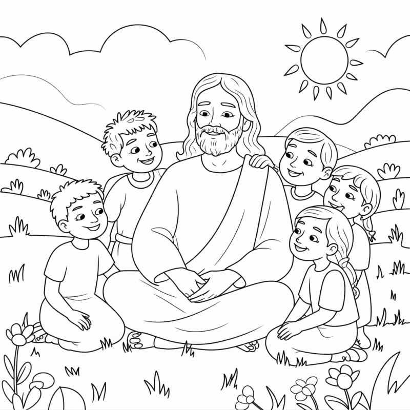 Desenho de Jesus com crianças em campo florido para colorir