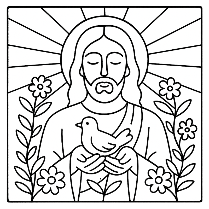 Desenho de Jesus segurando um pombo, simbolizando paz e espiritualidade