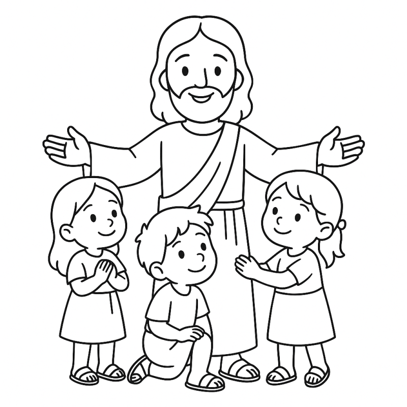 Desenho de Jesus acolhendo crianças em um estilo simples