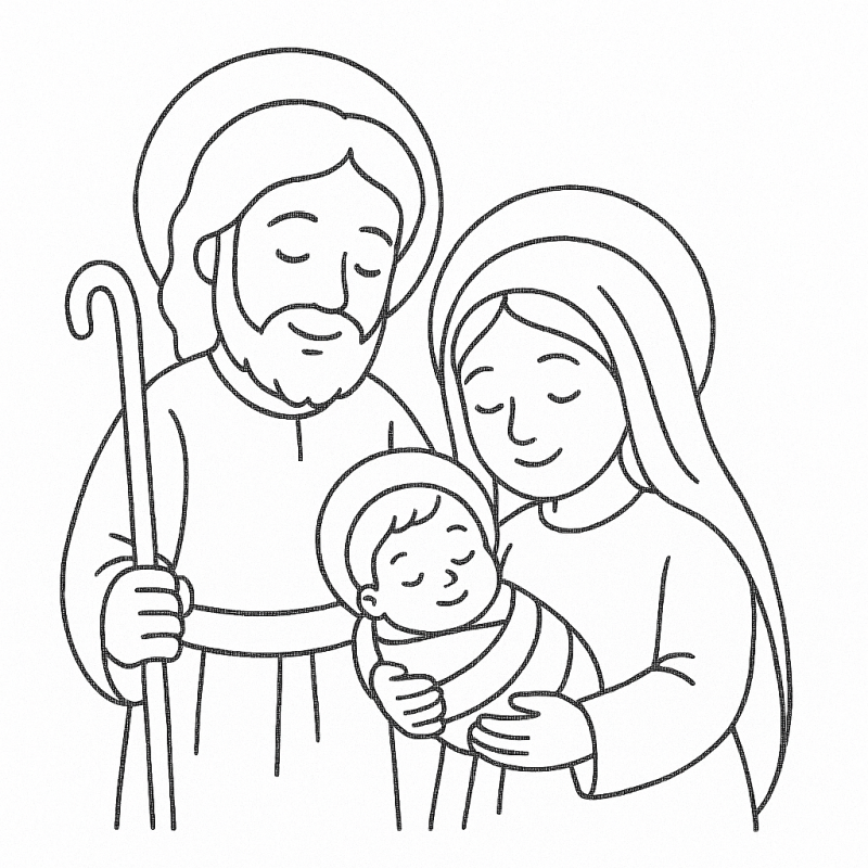 Desenho em preto e branco da Sagrada Família de Jesus