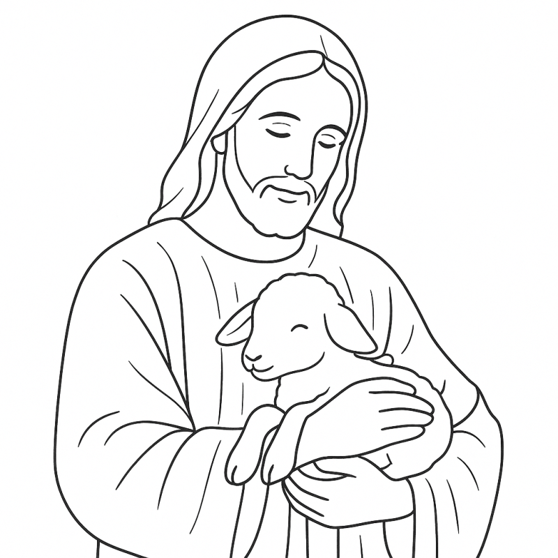 Desenho de Jesus segurando um cordeiro, perfeito para colorir
