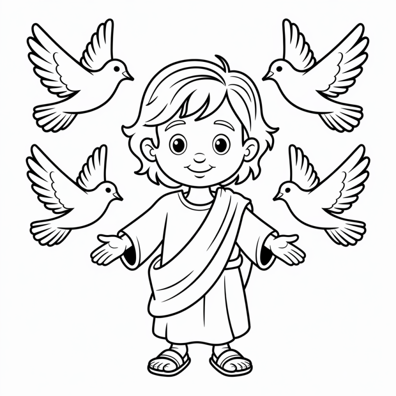 Desenho para colorir de Jesus com pombas voando