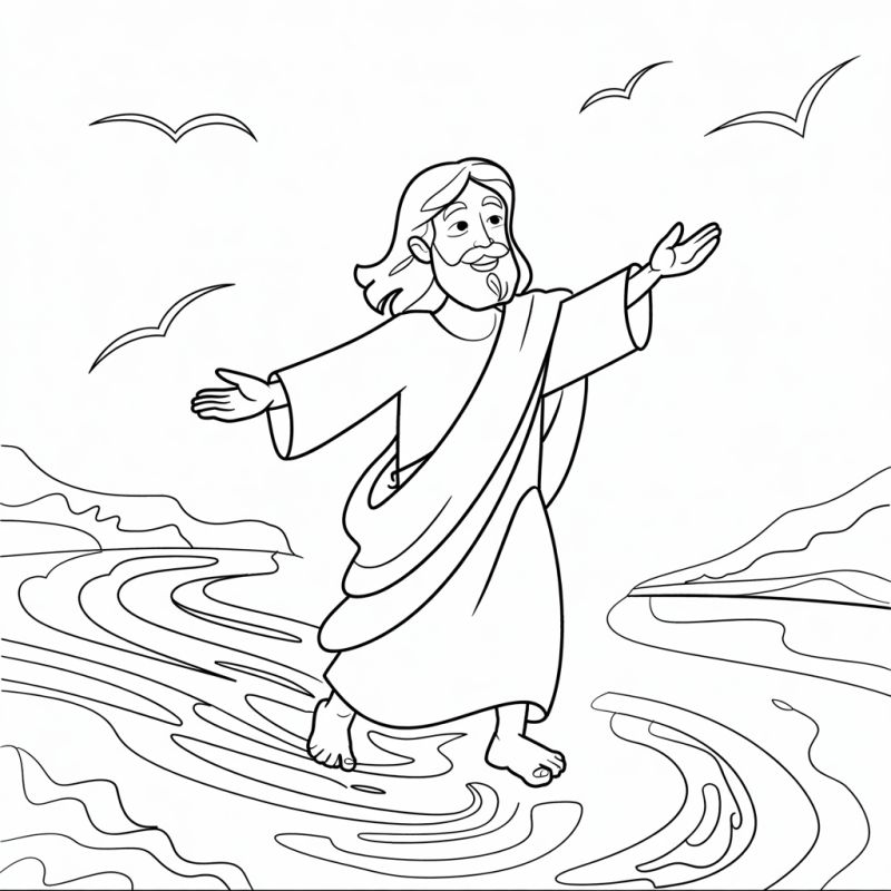 Desenho de Jesus caminhando sobre a água para colorir