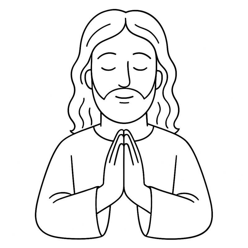 Desenho simplificado de Jesus em oração, ideal para colorir