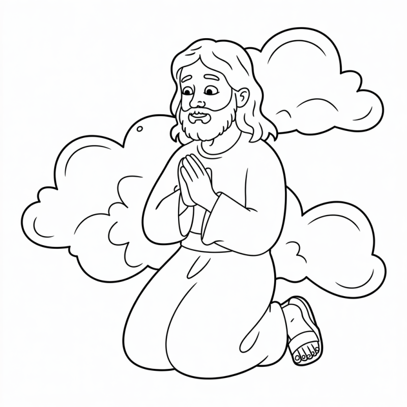 Desenho de Jesus ajoelhado em oração com nuvens ao fundo para colorir