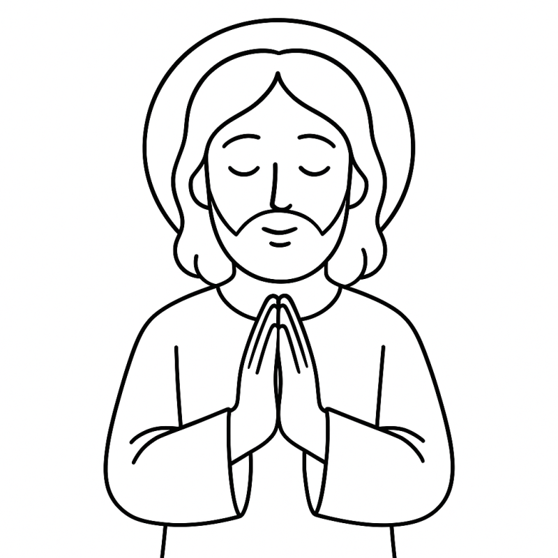 Desenho de Jesus em oração com halo sereno para colorir