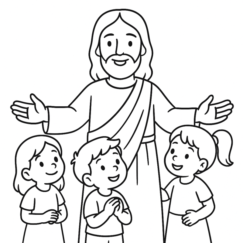 Desenho para colorir de Jesus com Sonic e crianças felizes