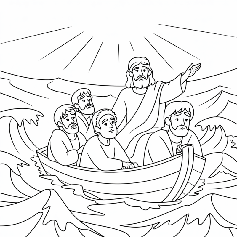 Desenho em preto e branco de Jesus acalmando a tempestade em um barco com discípulos