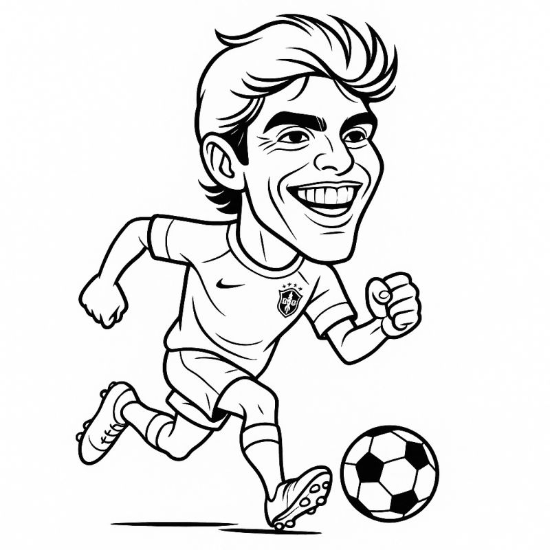 Desenho caricaturesco do jogador Kaká correndo com bola para colorir