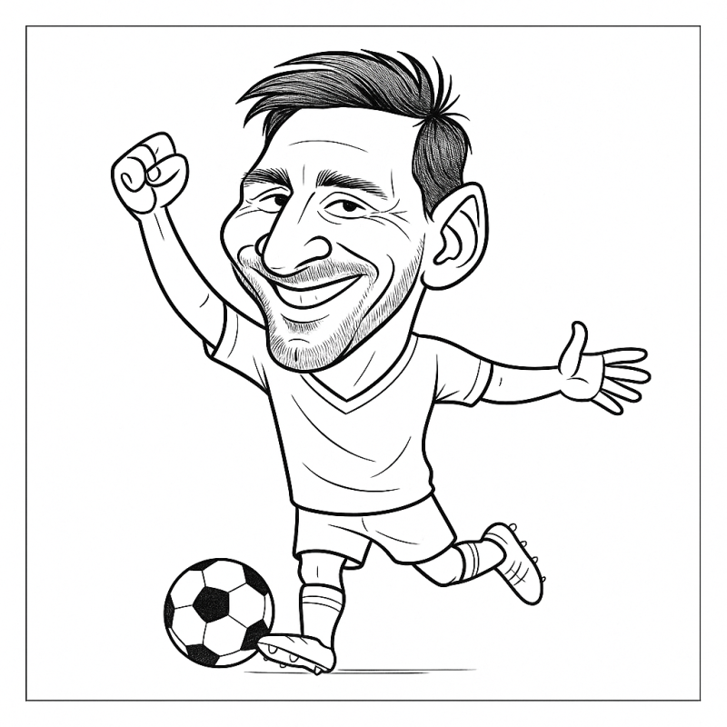 Caricatura de Lionel Messi comemorando um gol com braço levantado e grande sorriso.