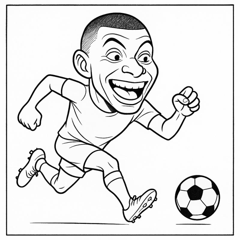 Caricatura de Kylian Mbappé correndo em pose dinâmica para colorir