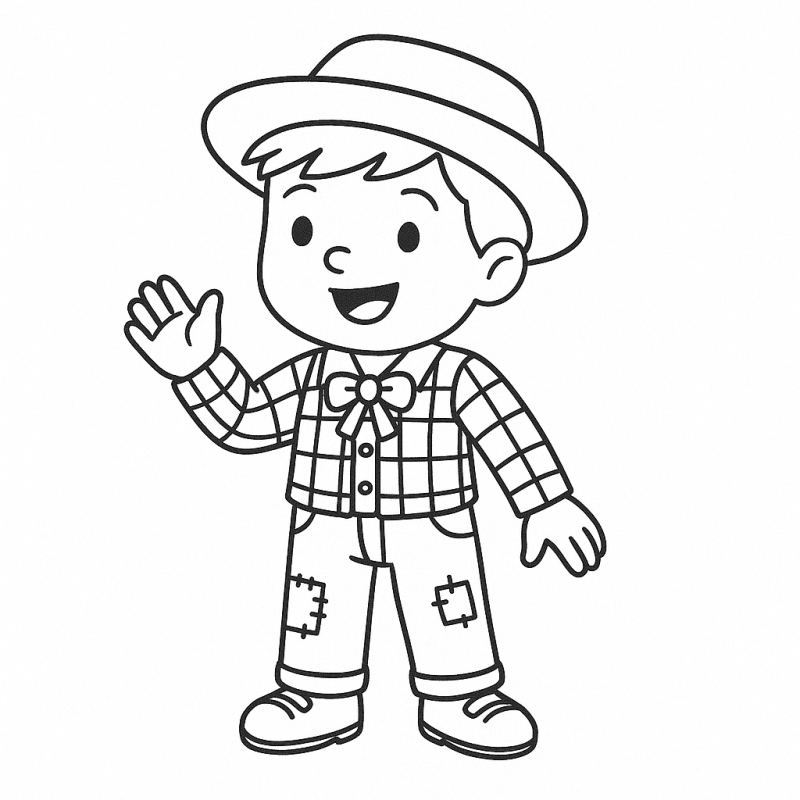 Desenho de menino sorridente em traje junino para colorir.