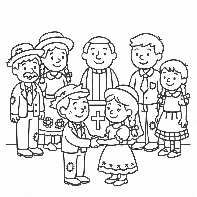 Desenho de casamento caipira em festa junina para colorir