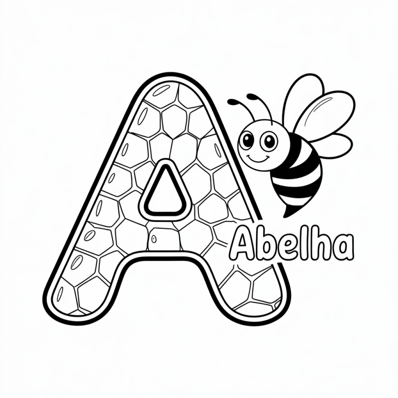 Desenho da letra A com abelha e colmeia para colorir