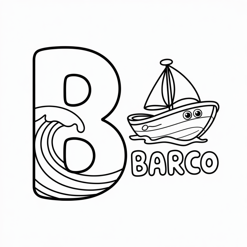 Desenho em preto e branco de um barco e letra B para colorir