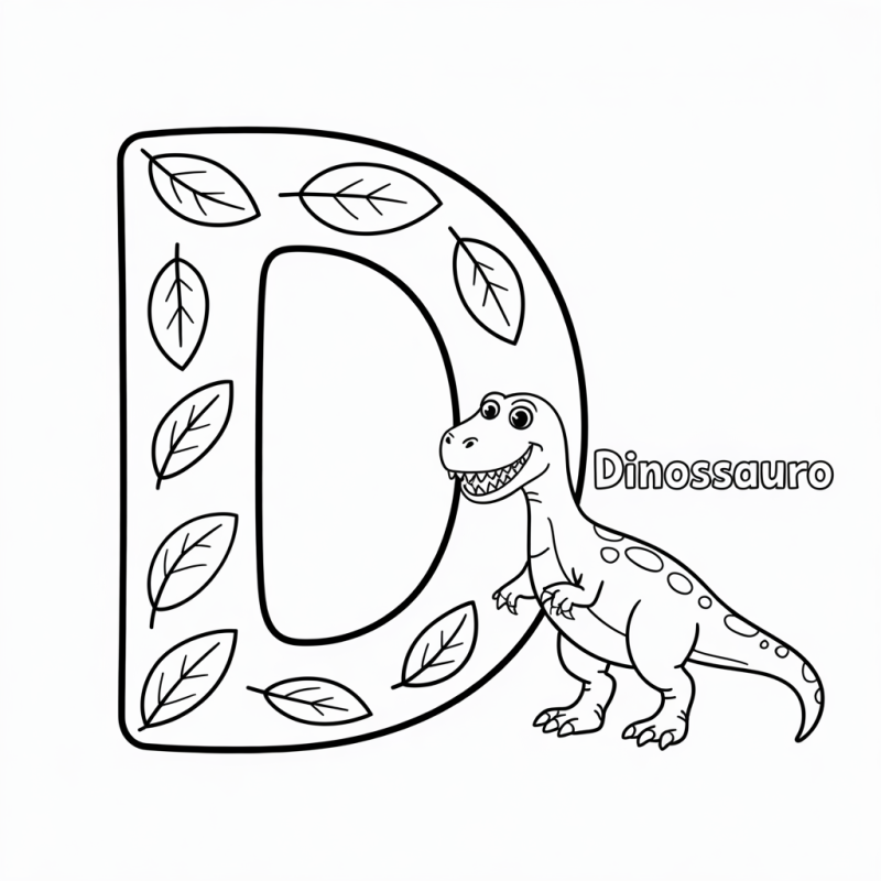Desenho da letra D com dinossauro amigável para colorir