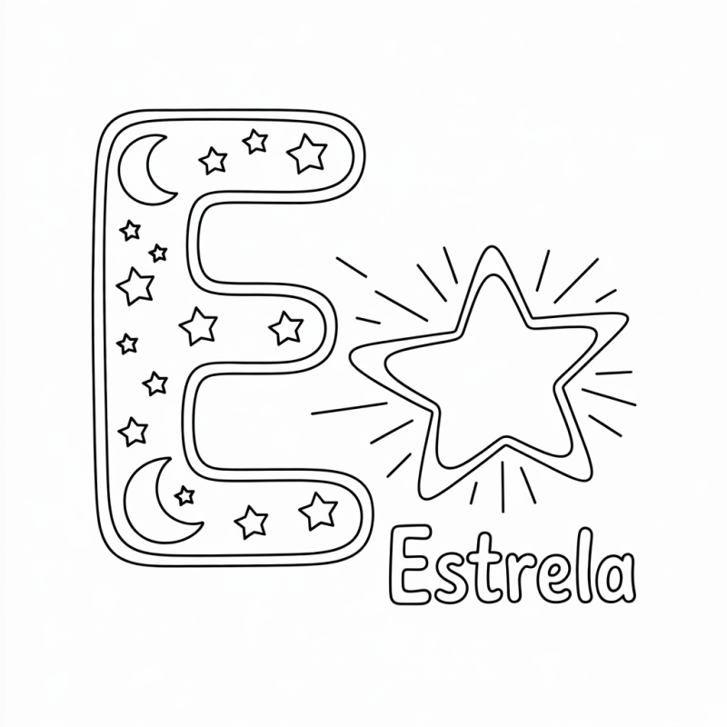 Desenho da letra E com estrelas e luas para colorir