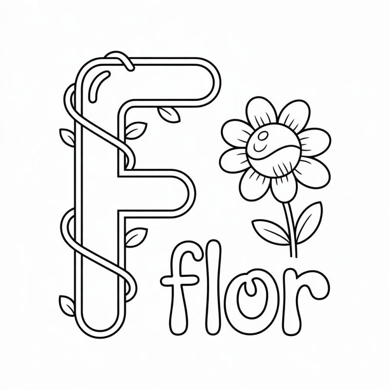 Desenho da letra F tridimensional com videira e flor sorridente para colorir