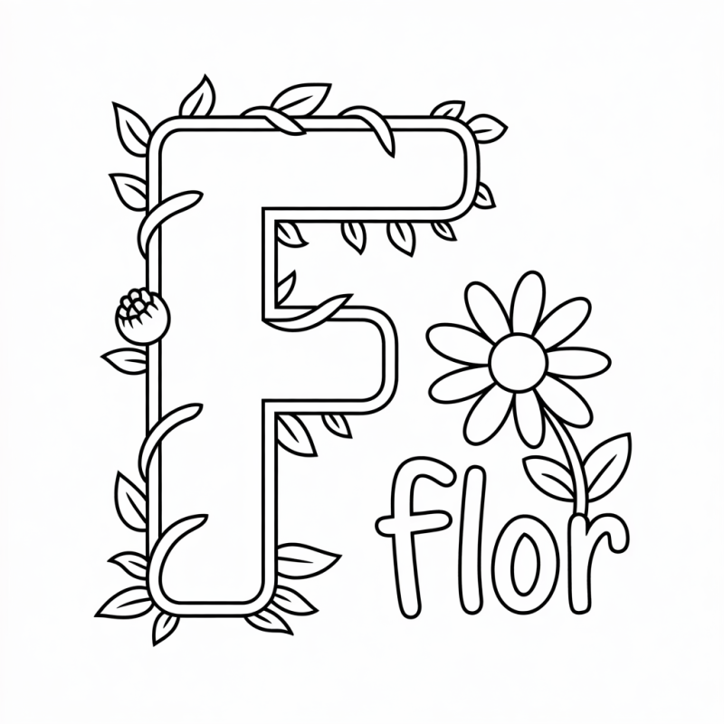 Desenho da letra F com folhas e flor para colorir