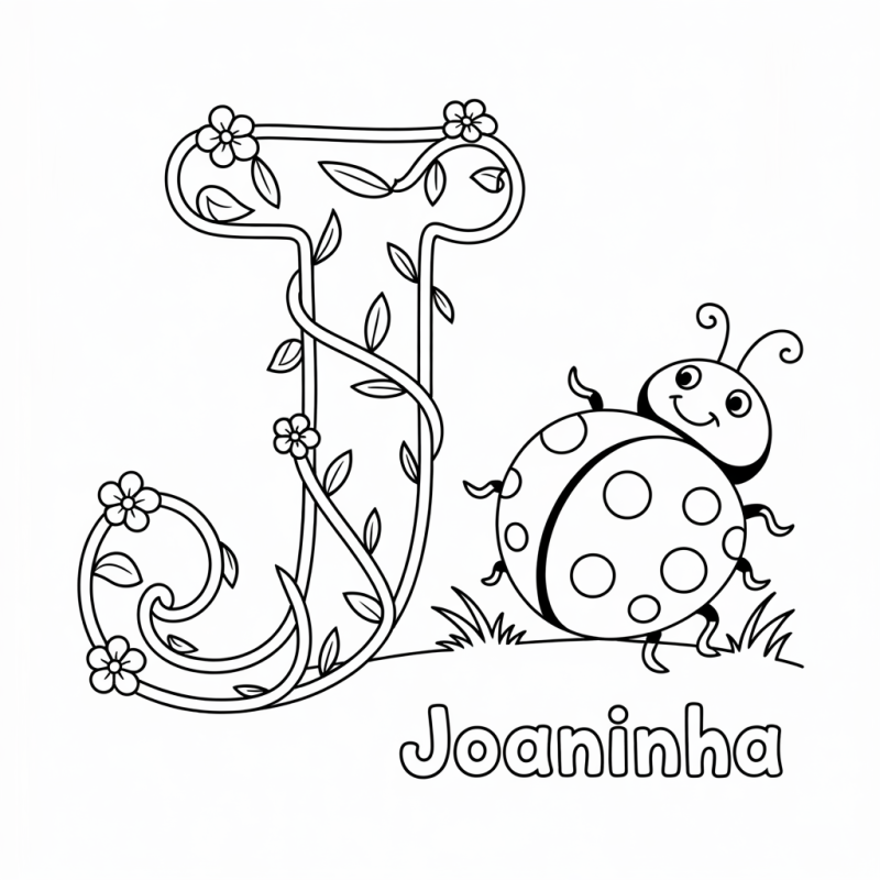 Desenho da letra J com elementos naturais e uma joaninha sorridente para colorir