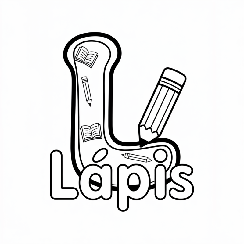 Desenho da letra L com livros e lápis para colorir