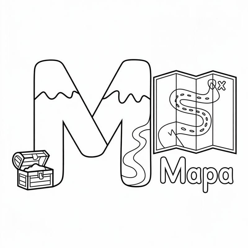Desenho da letra M com montanhas, mapa e tesouro para colorir