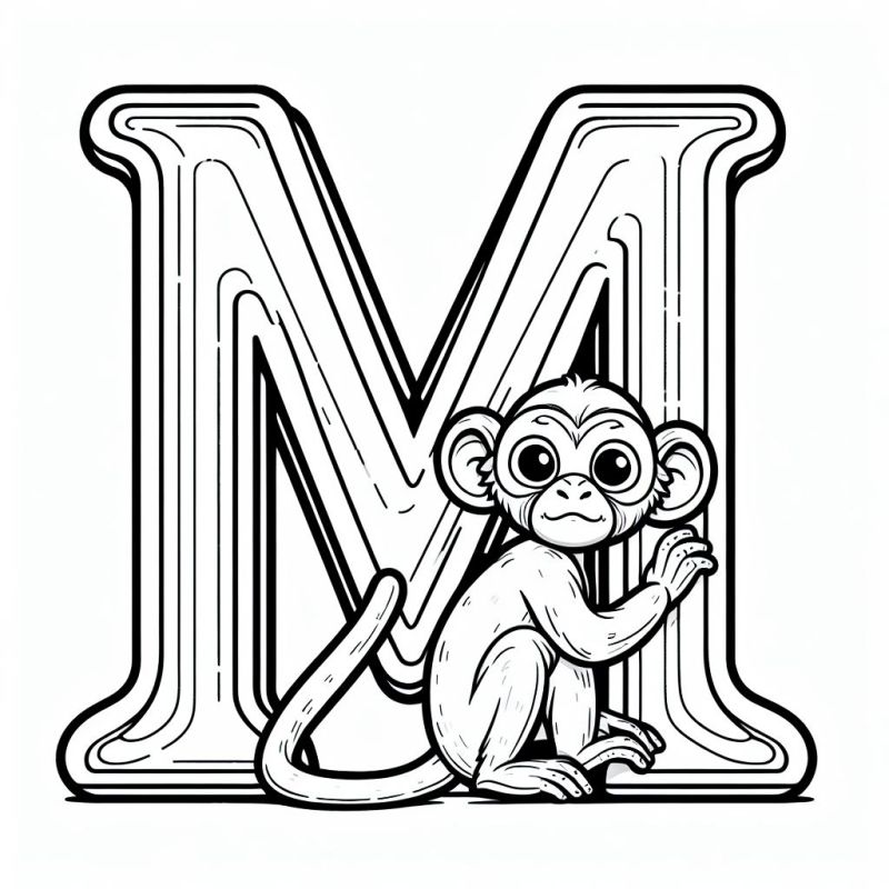 Desenho da Letra M com um macaco para colorir