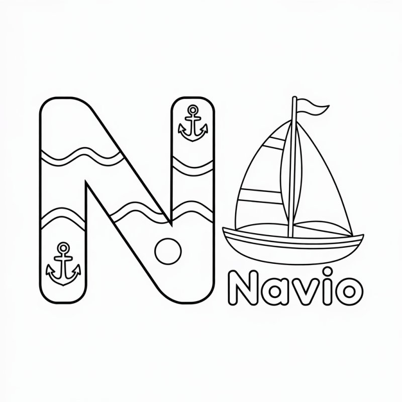 Desenho da letra N decorado com elementos náuticos, âncoras e navio à vela