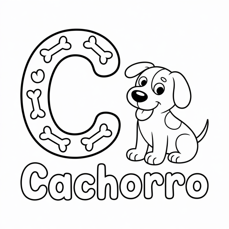 Desenho para colorir da letra C decorada com cachorro