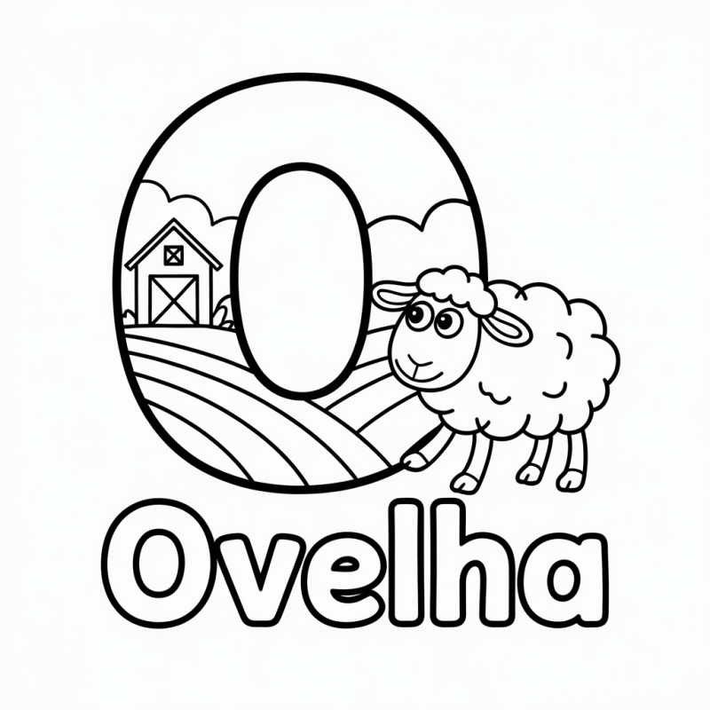 Desenho da Letra O com ovelha e paisagem campestre para colorir
