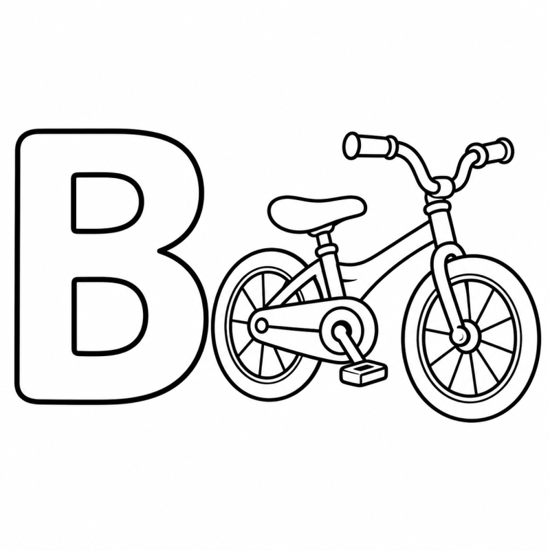 Letra B vazada ao lado de uma bicicleta infantil para colorir