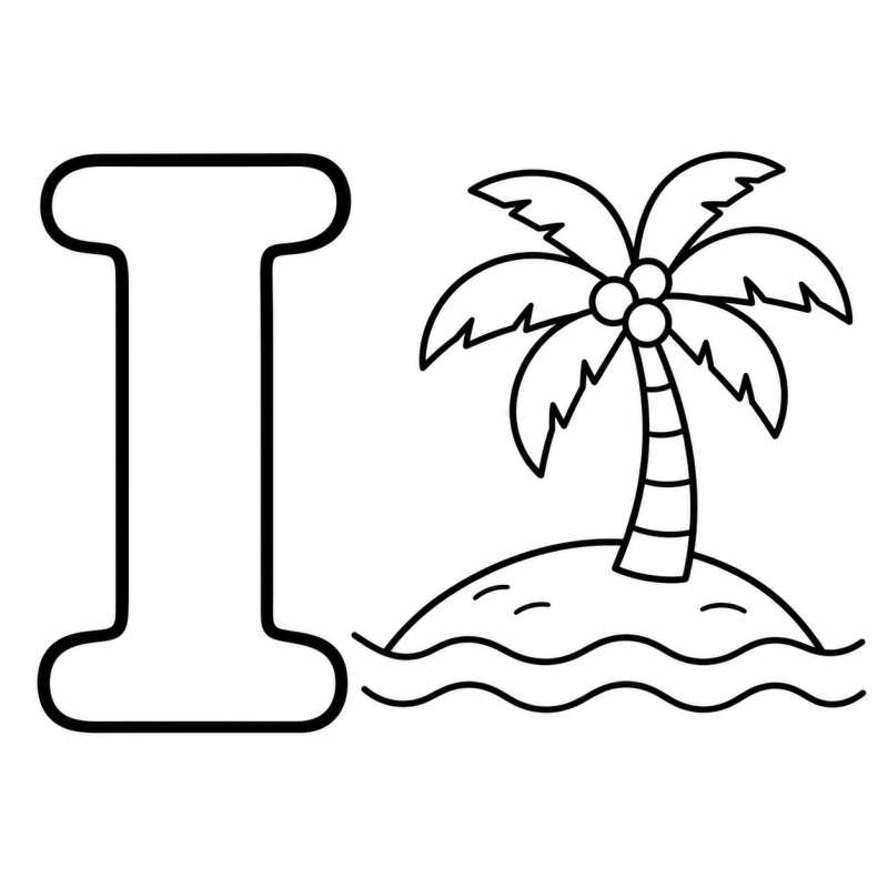 Letra I vazada ao lado de uma pequena ilha com palmeira e ondas para colorir