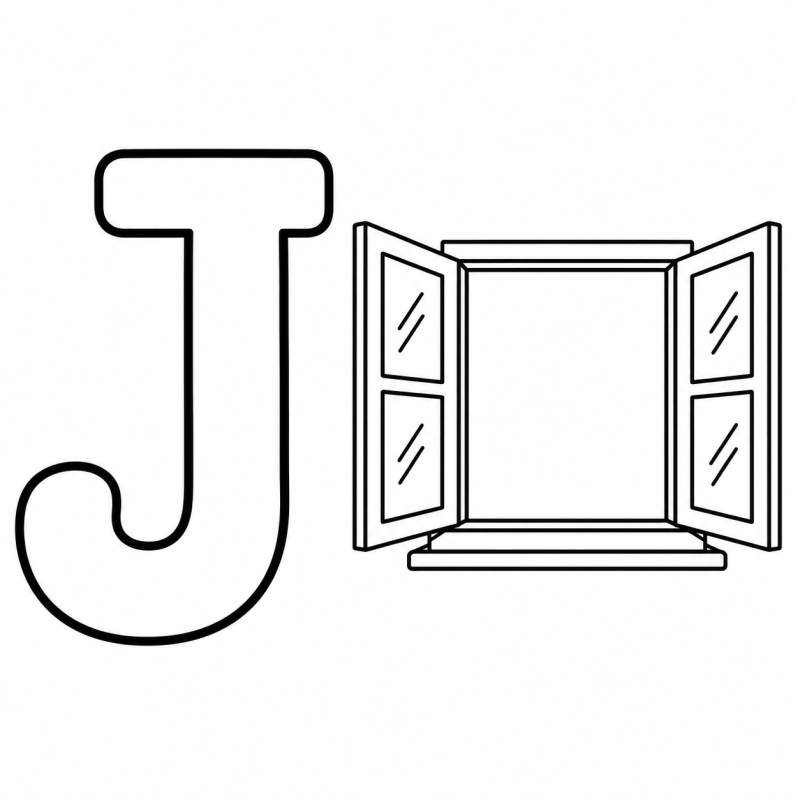 Letra J vazada ao lado de uma janela aberta para colorir