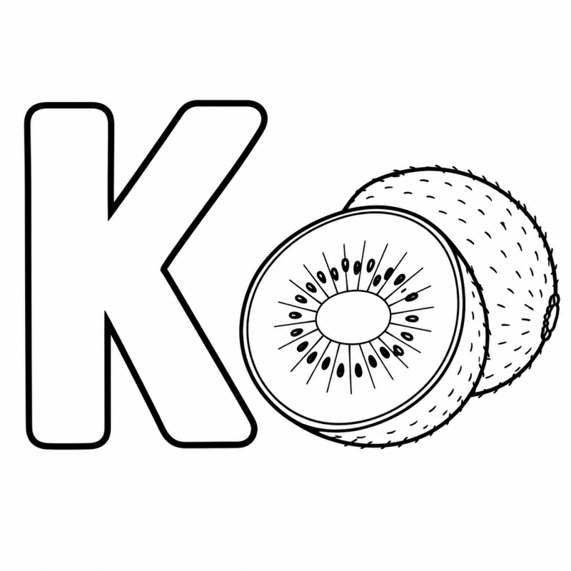 Letra K vazada ao lado de um kiwi cortado ao meio para colorir