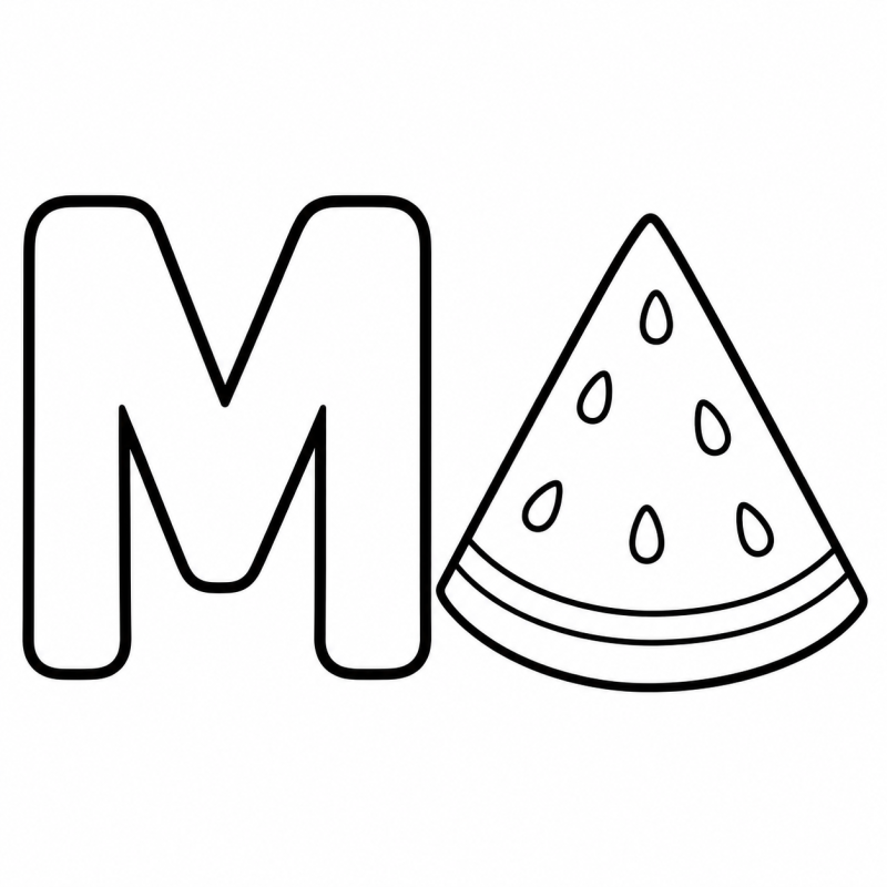 Letra M vazada ao lado de uma fatia triangular de melancia com sementes para colorir