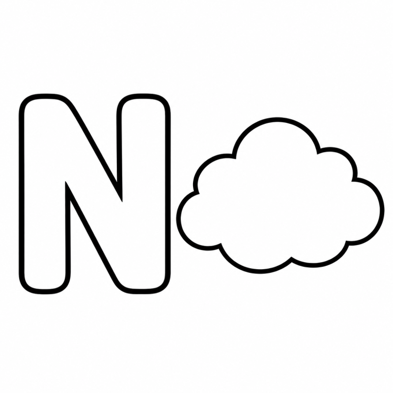 Letra N vazada ao lado de uma nuvem arredondada para colorir