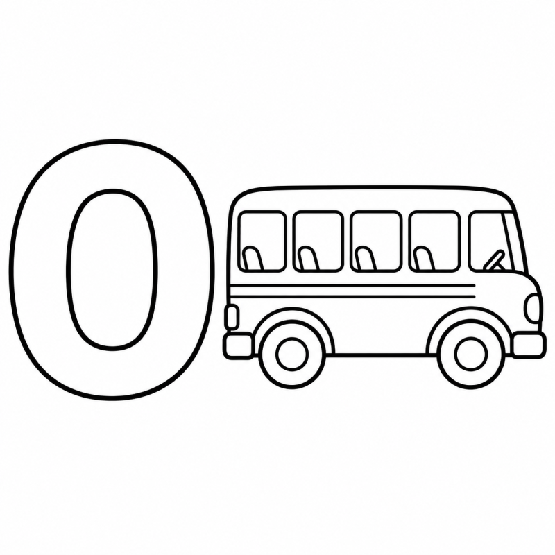 Letra O vazada ao lado de um ônibus com janelas e rodas para colorir