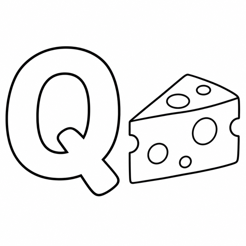 Letra Q vazada ao lado de uma fatia de queijo com furinhos para colorir