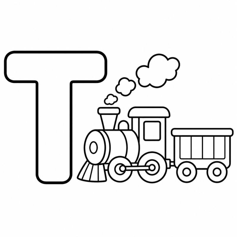 Letra T vazada ao lado de uma locomotiva com vagão para colorir