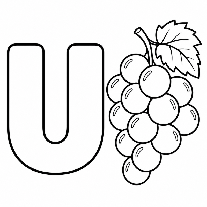 Letra U vazada ao lado de um cacho de uvas com folha para colorir