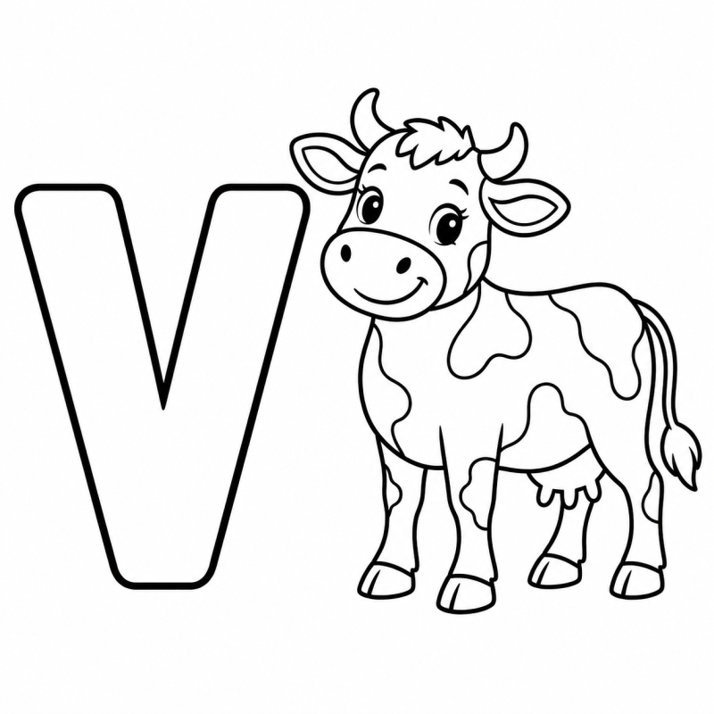 Letra V vazada ao lado de uma vaca em pé com manchas para colorir