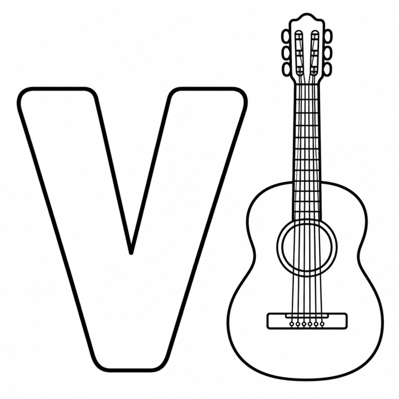 Letra V vazada ao lado de um violão de cordas para colorir